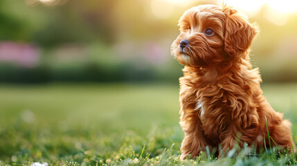 Cute fluffy maltipoo puppy sitting in the green grass on a blurred background. Copy space. Veterinary, pet store concept.