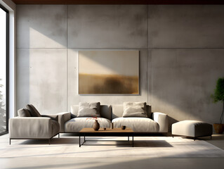 Minimalistic modern room interior design with grey concrete wall, grey sofa and decorations