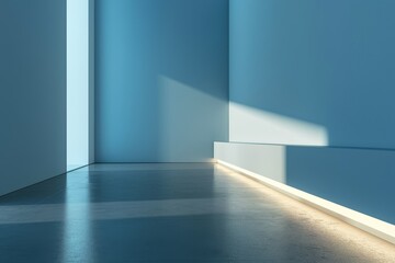 Fototapeta premium Universal minimalistic blue background for presentation. A light blue wall in the interior with beautiful built-in lighting and a smooth floor, AI generated