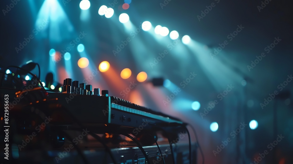 Aufkleber a keyboard on a stage with lights in the background.