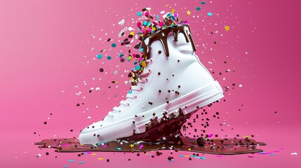 White sneaker with colorful sprinkles and chocolate on pink background. Fun and vibrant concept. High-quality digital art, perfect for advertising, marketing, or blog posts. 