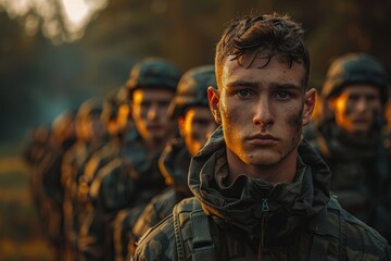 Young soldier with a determined expression, covered in dirt, standing in formation with fellow soldiers in a forest during sunset