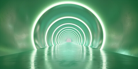 Fototapeta premium Empty green tunnel 3d light room background. Abstract space tunnel interior. Modern perspective hall stage design. Futuristic neon road