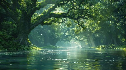 A mythical forest with ancient trees and a shimmering river, ample copy space