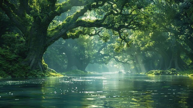 A mythical forest with ancient trees and a shimmering river, ample copy space