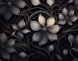 Minimalist floral pattern with graphic intertwining lines and flowers

