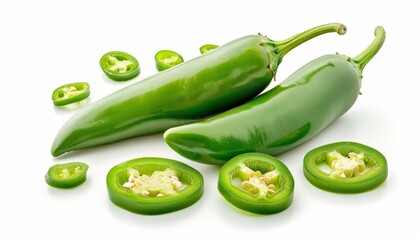 Close-up of fresh green jalapeno peppers, both whole and sliced, placed on a white background, showcasing their vibrant green color and crisp, spicy texture.