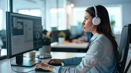 A young female customer service representative wearing a headset is working on a computer in a call center office. She is using digital marketing software for sales and data analysis at her work desk.