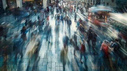 Crowded public place with people passing by, motion blur effect of busy pedestrian traffic flow, ideal for business, urban life, and cityscape concepts, depicting fast-paced lifestyle and hustle of mo