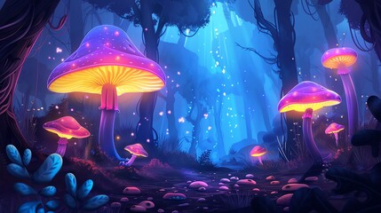 A glowing, magical mushroom forest at night.