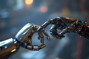 The human finger delicately touches the finger of a robot's metallic finger. Concept of harmonious coexistence of humans and AI technology, AI generated