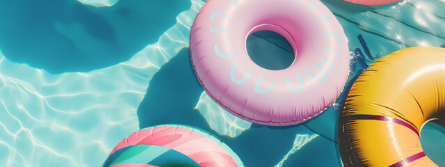 inflatables in the pool on a summer hot day. background with blue pool water with swimming toys and inflatables