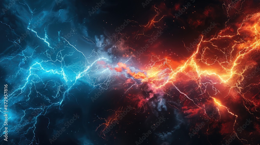 Wall mural blue lightning with yellow sparks in sky background