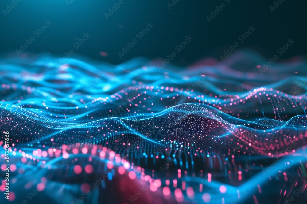 Poster technology background with connected dots on 3d wave landscape. data science, particles, digital wor