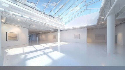 Obraz premium Bright, spacious room with large skylights and white walls, flooded with natural light. Ideal for architectural or real estate themes.