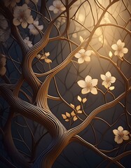 Background with delicate tree branches and flowers creating a geometric pattern