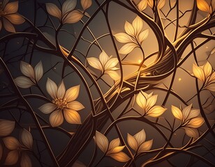 Background with delicate tree branches and flowers creating a geometric pattern