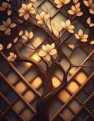 Background with delicate tree branches and flowers creating a geometric pattern