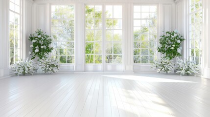 Fototapeta premium Bright, airy room with large arched windows and lush greenery, creating a serene and elegant atmosphere. Ideal for wedding or event themes.