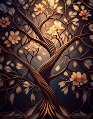 Background with delicate tree branches and flowers creating a geometric pattern