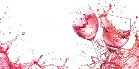 Pink wine splashing in two glasses isolated on white background, highlighting motion and elegance. Ideal for advertising, celebration, or drink themes.