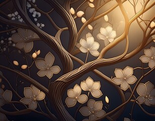 Background with delicate tree branches and flowers creating a geometric pattern