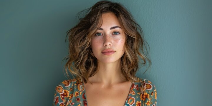 A young woman with light brown hair and freckles, wearing a colorful patterned top, stands against a teal background with a calm expression