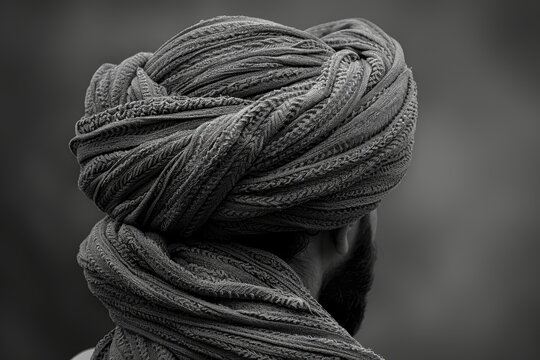 A detailed close-up of a person's head from behind, showcasing an intricately wrapped turban or headscarf with textured patterns, set against a neutral background