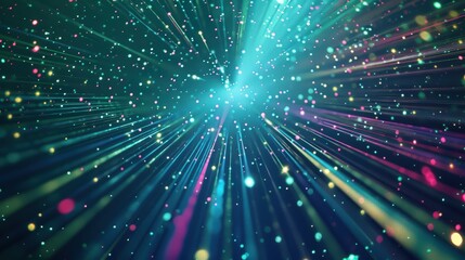 Dynamic image with green and blue light rays and sparkling particles, creating a vibrant, energetic effect.