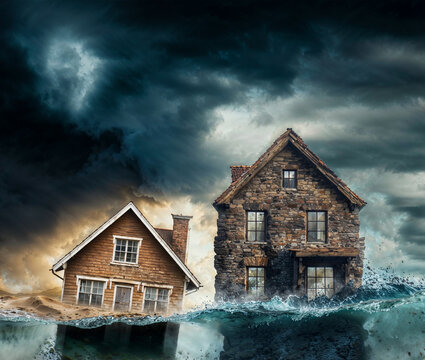 Parable of the wise and foolish builders. House constructed on the sand vs house constructed on a rock. Gospel of Matthew. House built on stone resisting the flood.