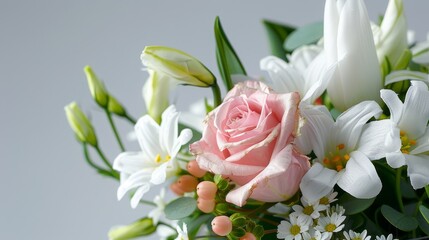 Fototapeta premium Bouquet of pink roses, white flowers, and eucalyptus leaves creating a fresh and romantic arrangement. Perfect for weddings or special occasions.