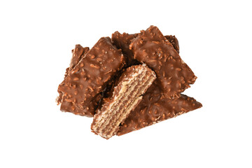 Chocolate coconut wafer bar isolated on white background.