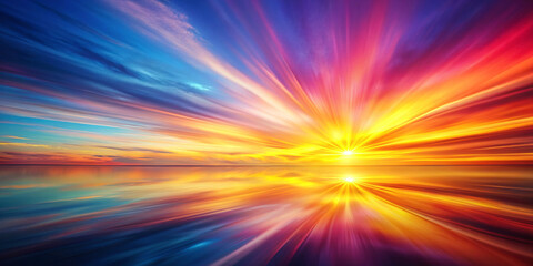 Obraz premium Dynamic Burst of Light with Spectrum of Colors Radiating Outward, Resembling Sunrise or Energy Explosion.