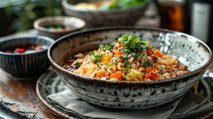 Spicy Noodles with Sesame Seeds and Green Onions in Bowl