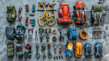 A top view photograph of neatly arranged mountain climbing gear, including carabiners, ropes, helmets, and climbing shoes, placed meticulously on a rugged wooden table