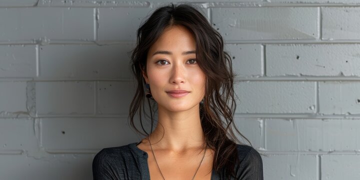 A portrait of a young woman with long black hair, wearing a dark shirt, standing in front of a textured gray brick wall, looking confidently into the camera