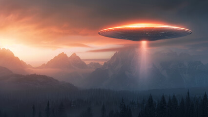 Sci-fi concept of an alien UFO arriving over a deserted area in the mountains
