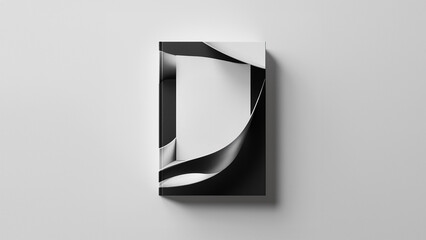 Abstract black and white book cover with curved and layered paper design on a gray background.