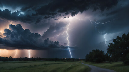 In the midst of a tempestuous night sky, a brilliant bolt of lightning illuminates the darkness, its electric blue hue casting an eerie glow across the stormy clouds.