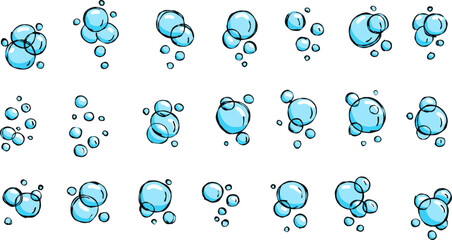 Water bubble. Outline blue air soap. Sketch foam drawing. Aqua sparkle, doodle pure clean underwater gas. Set of Bath effect isolated on white