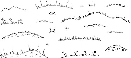 Grass sketch doodle field. Outline summer landscape. Hand drawn line meadow decoration with flower. Cartoon illustration isolated on white background