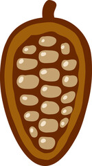 Cocoa beans flat illustration. Cartoon chocolate beans from cocoa tree. Natural nut and brown seed. Fruit sweet ingredient food on white background