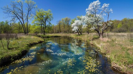 Serene brook with blossoming trees on the banks, spring landscape, tranquility