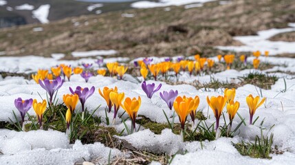 Snow melting to reveal blooming crocuses, spring species, seasonal transition