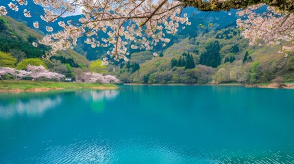 Blooming cherry blossoms over a serene lake, spring landscape, tranquility