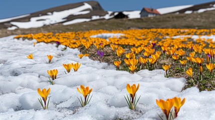 Snow melting to reveal blooming crocuses, spring species, seasonal transition