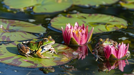 Frogs on lily pads in a blossoming pond, spring species, aquatic life