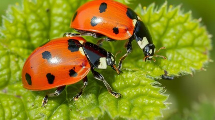 Ladybugs on fresh green leaves, spring species, close-up nature