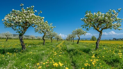 Orchard trees in full bloom under a blue sky, spring landscape, fruitfulness