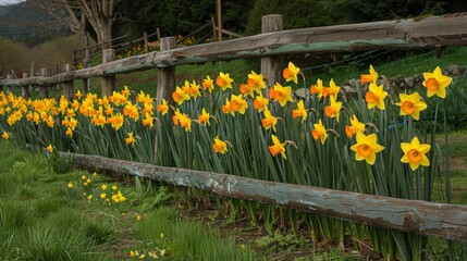 Bright daffodils along a rustic wooden fence, spring species, charming